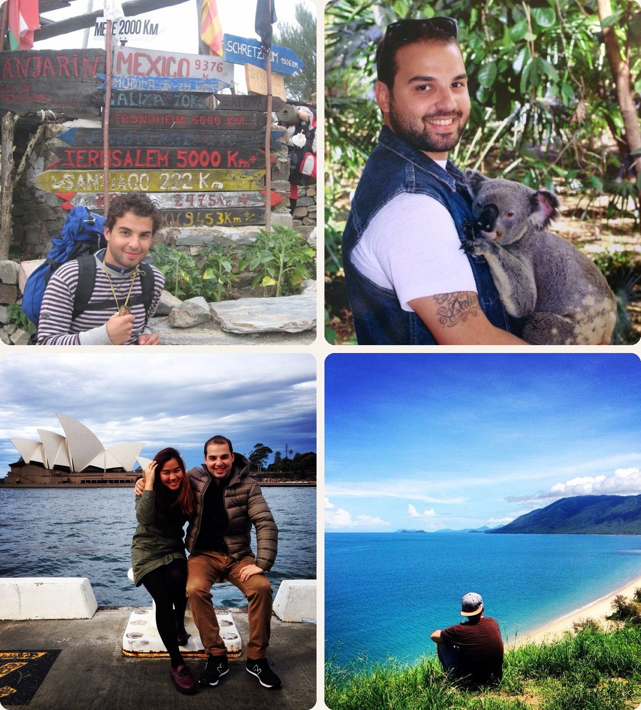 Ruben on the Camino de Santiago, holding a koala, at the Sydney Opera House with Toon, and looking out over an Australian beach