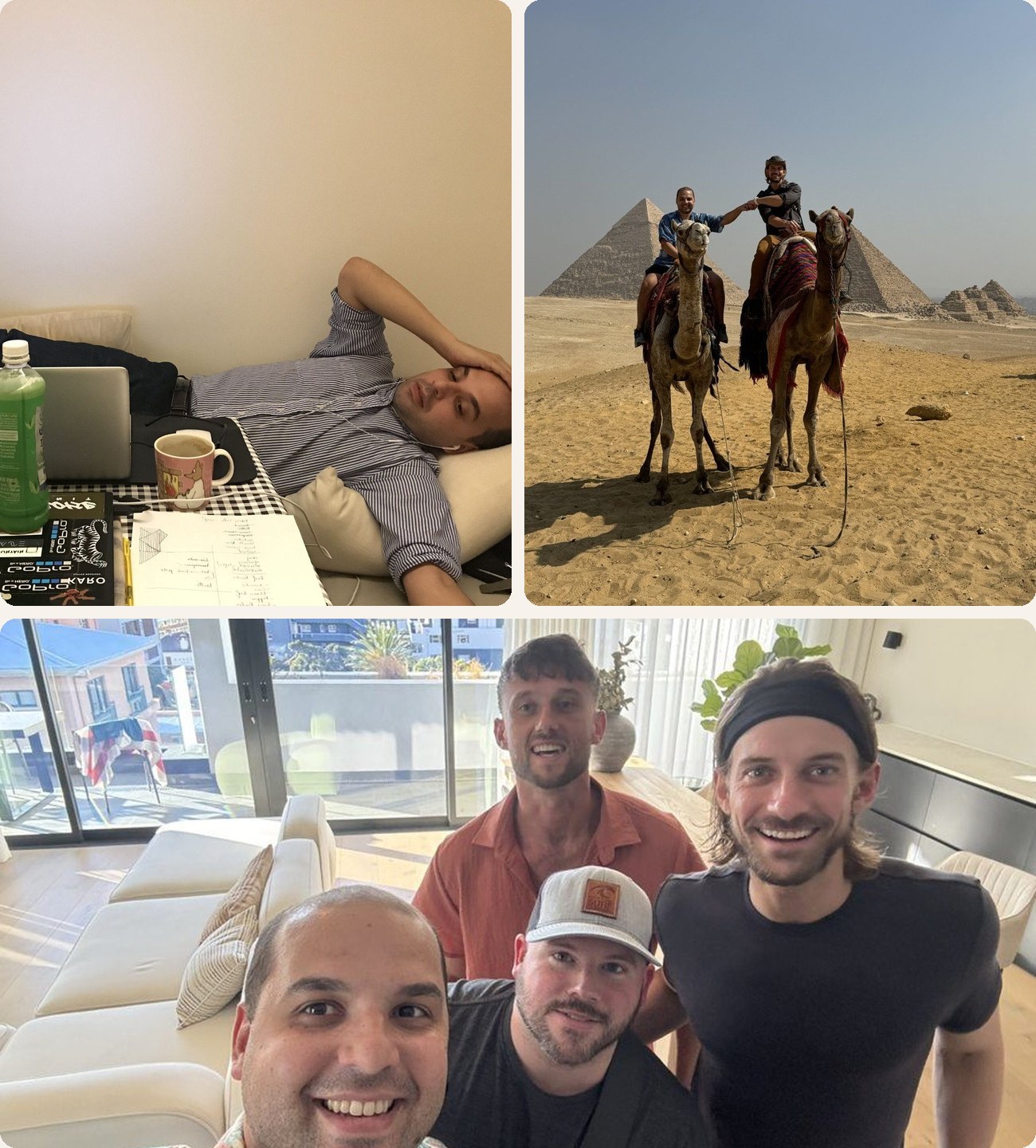 Ruben on a 2am sales call from the couch, on camels at Giza with Aaron Korbs, and with the Tradacc team in Cape Town