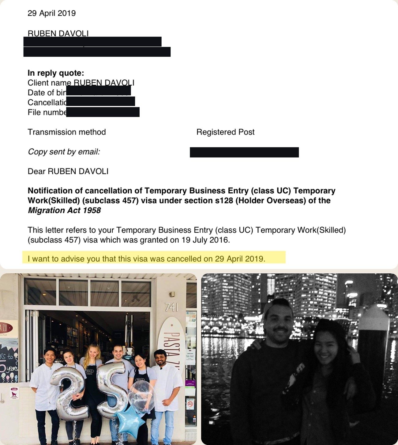 Australian Home Affairs notice cancelling Ruben's 457 visa, with the deli team and a night photo with his girlfriend in Sydney