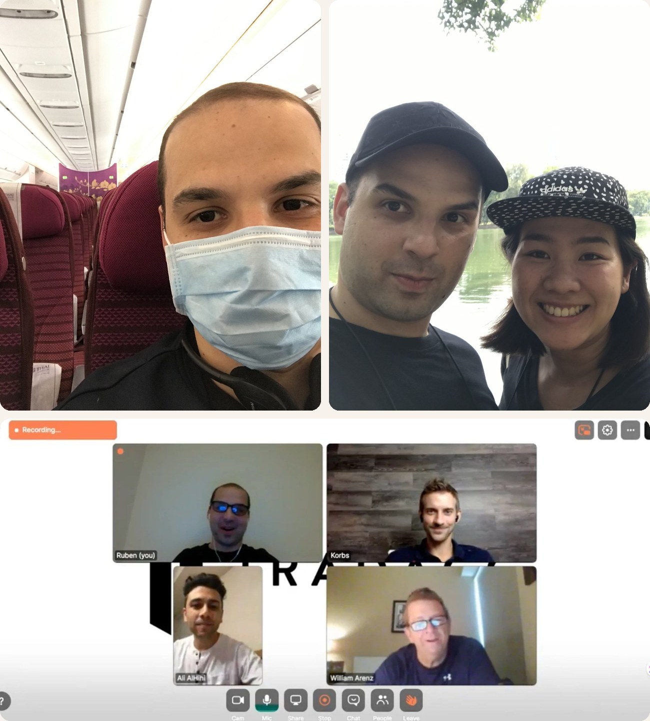 Ruben on a near-empty flight to Thailand in March 2020, with Toon in Bangkok, and the Tradacc team on a video call