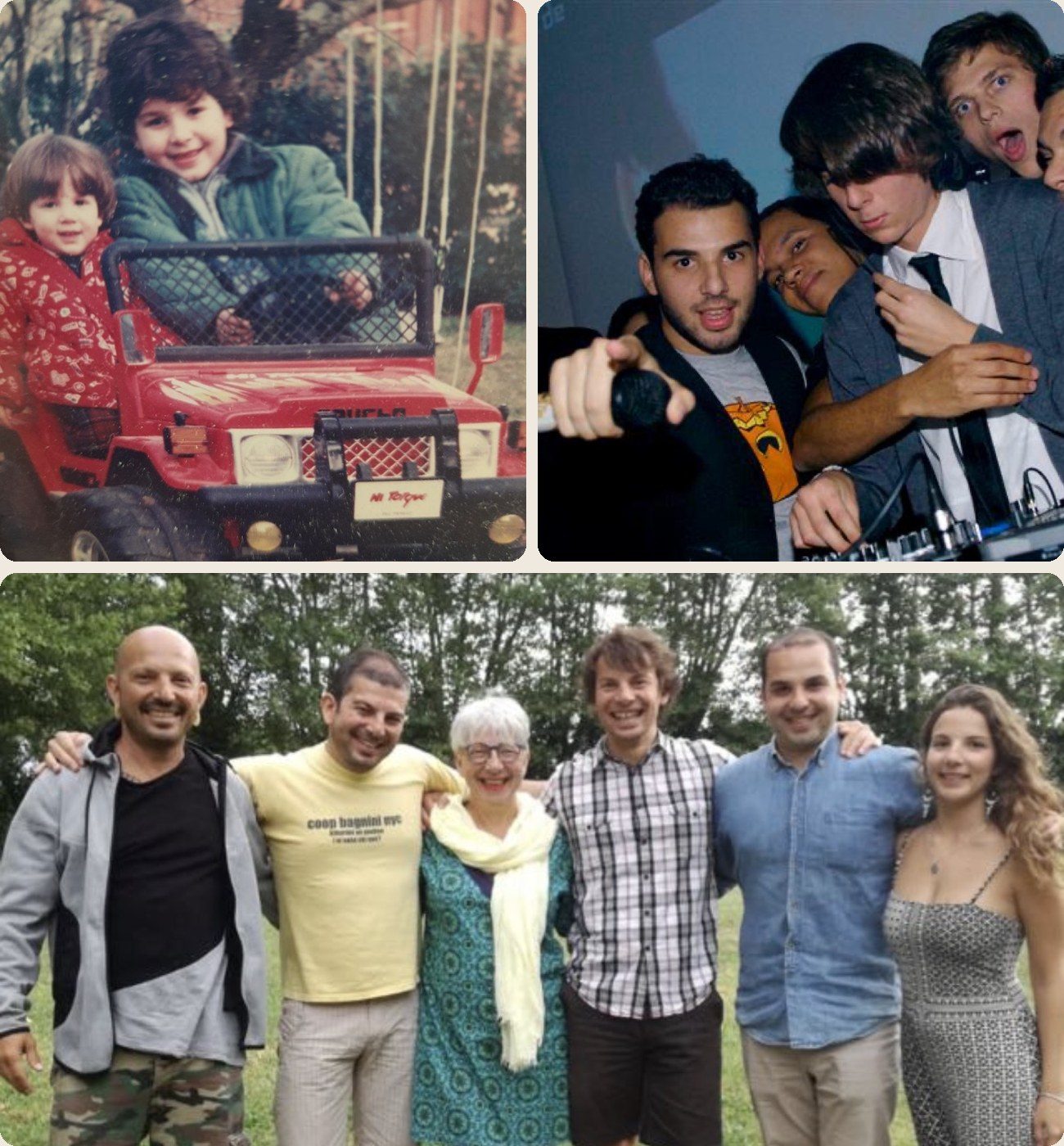 Ruben as a kid with his sister, on the mic in a Verona nightclub, and with his mum and siblings