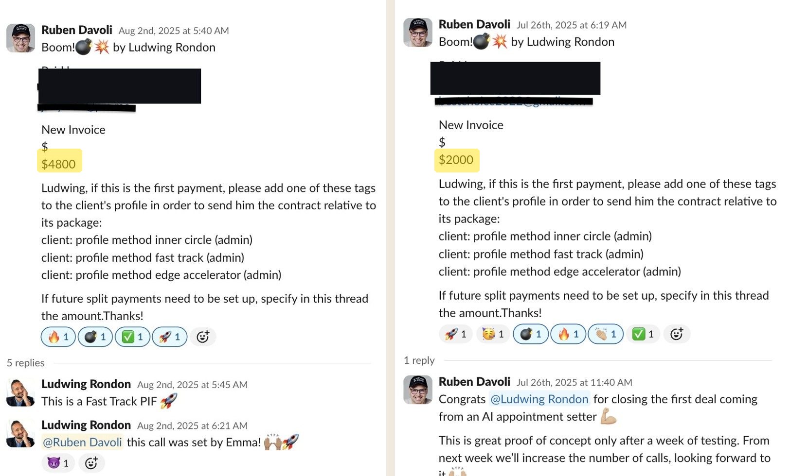 Slack proof: two deals, $4,800 and $2,000, closed from calls Emma the AI setter booked